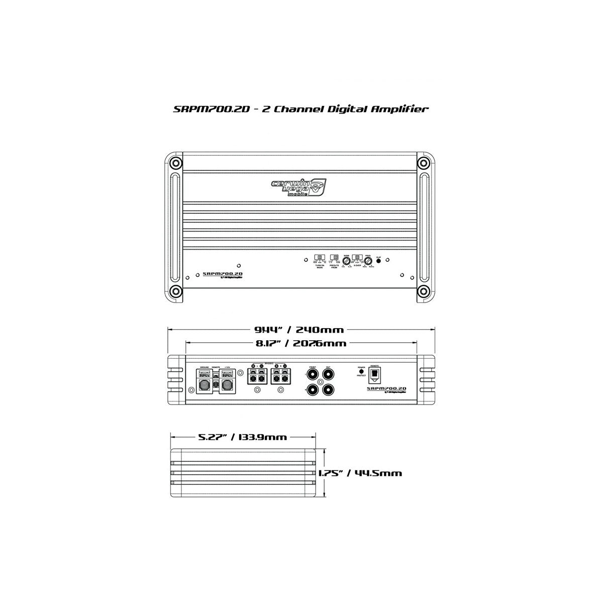 Line drawing of the SRPM Stroker 2 Channel Full Range Class-D Amplifier-SRPM700.2D, featuring a top view with the brand logo and multiple screws. The front measures 94mm by 240mm, while side and rear views showcase its sleek Class-D digital topology design.