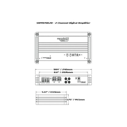 Line drawing of the SRPM Stroker 2 Channel Full Range Class-D Amplifier-SRPM700.2D, featuring a top view with the brand logo and multiple screws. The front measures 94mm by 240mm, while side and rear views showcase its sleek Class-D digital topology design.