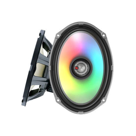 The Cerwin Vega RPM Stroker SM69F4 speaker features a silver rim with a black interior, showcasing its dynamic 6" x 9" structure and a rainbow-gradient central cone. It includes a flush mount 1" titanium dome tweeter and is displayed in an angled front view to highlight its three-dimensional form.