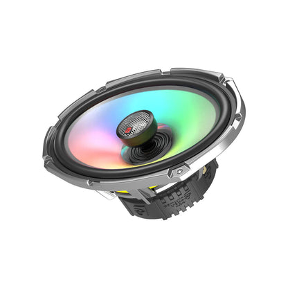 The RPM Stroker Speakers feature a black casing with a central component surrounded by a multi-color LED light display on the cone. Silver accents edge the speaker, creating a sleek, modern look.