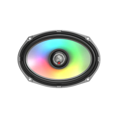 The Cerwin Vega RPM Stroker SM69F4 speaker is a 6x9 marine model featuring an oval design with a metallic grille and 1" titanium dome tweeter. Surrounded by multicolored LEDs transitioning from green to purple, it creates a vibrant rainbow effect against a white background.