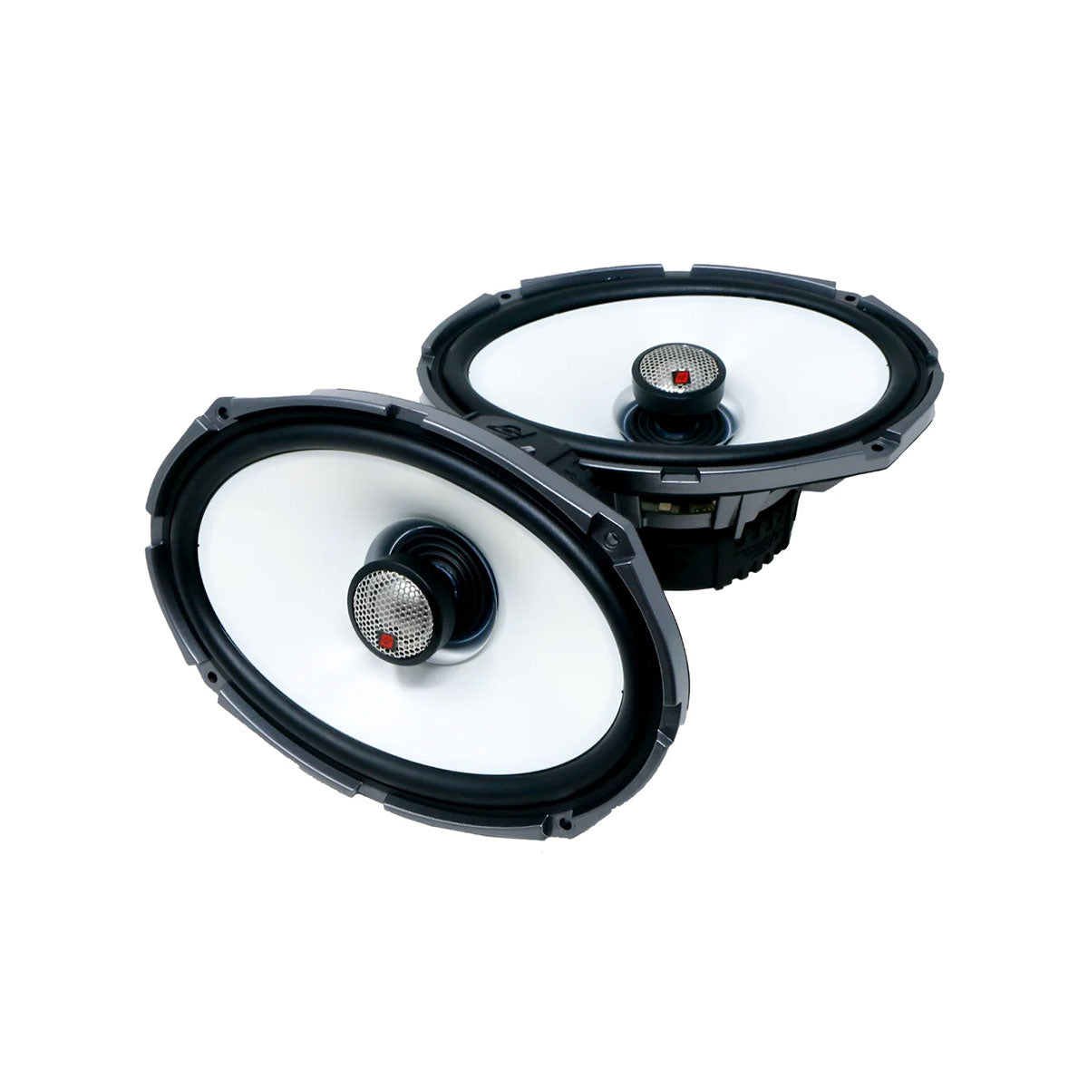 The Cerwin Vega RPM Stroker SM69F4 2-Way 6x9 Speakers feature a black and white oval design with flush-mount 1" titanium dome tweeters, sleek black frames, and metallic mesh covers, highlighting their modern aesthetics and exceptional construction.