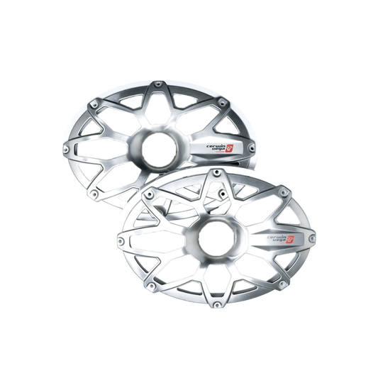 The image displays two silver RPM Stroker center caps, featuring intricate geometric designs with angular spokes and a small red-and-white logo echoing the RPM Stroker badge. Set against a white background, the metallic texture and shine of these stylish accessories are highlighted beautifully.