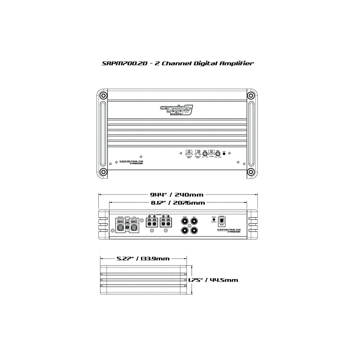 Diagram of the SRPM Stroker 2 Channel Full Range Class-D Digital Amplifier-SRPM700.2DW showcasing high-efficiency digital topology. Top view: vented casing with screw holes. Front: power, ground, remote, and speaker ports. Side dimensions: 9.4" W x 8.2" D x 1.75" H with wiring labels annotated.