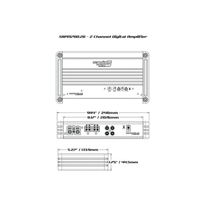 Diagram of the SRPM Stroker 2 Channel Full Range Class-D Digital Amplifier-SRPM700.2DW showcasing high-efficiency digital topology. Top view: vented casing with screw holes. Front: power, ground, remote, and speaker ports. Side dimensions: 9.4" W x 8.2" D x 1.75" H with wiring labels annotated.