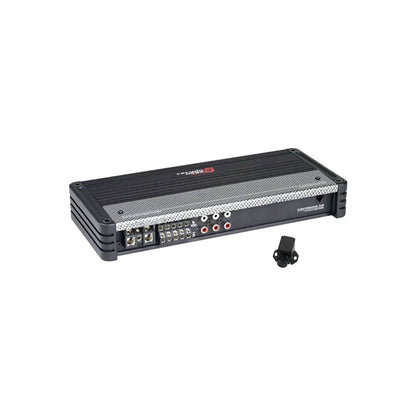 The SRPM Stroker 5-Channel Full Range Class-D Amplifier - SRPM1100.5D has a black rectangular body with a mesh top, multiple connection ports including RCA inputs and speaker terminals, a control panel on one side, red and white branding, and includes a small remote knob.