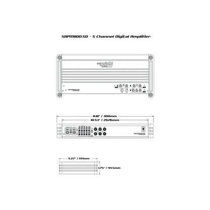 Diagram of an SRPM1100.5D, a 5-Channel Full Range Class-D Amplifier with efficient digital topology. Includes front, rear, side views with dimensions (11.8" x 10.5" x 2.5" / 300mm x 266mm x 63mm). Front has knobs and ports; rear shows input/output connections.