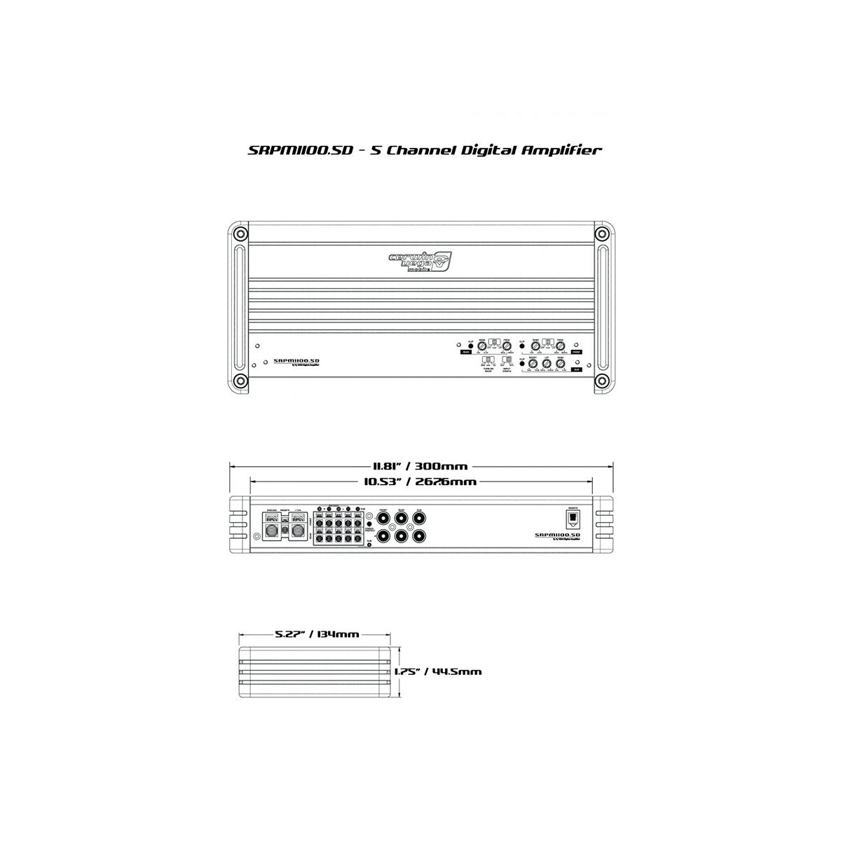 Technical diagram of the SRPM1100.5DW five-channel Class-D amplifier, known for its high-efficiency digital topology, features front, top, and side views with dimensions: 11.8" width, 0.57" height, and 5.2" depth. The front view details input/output ports.