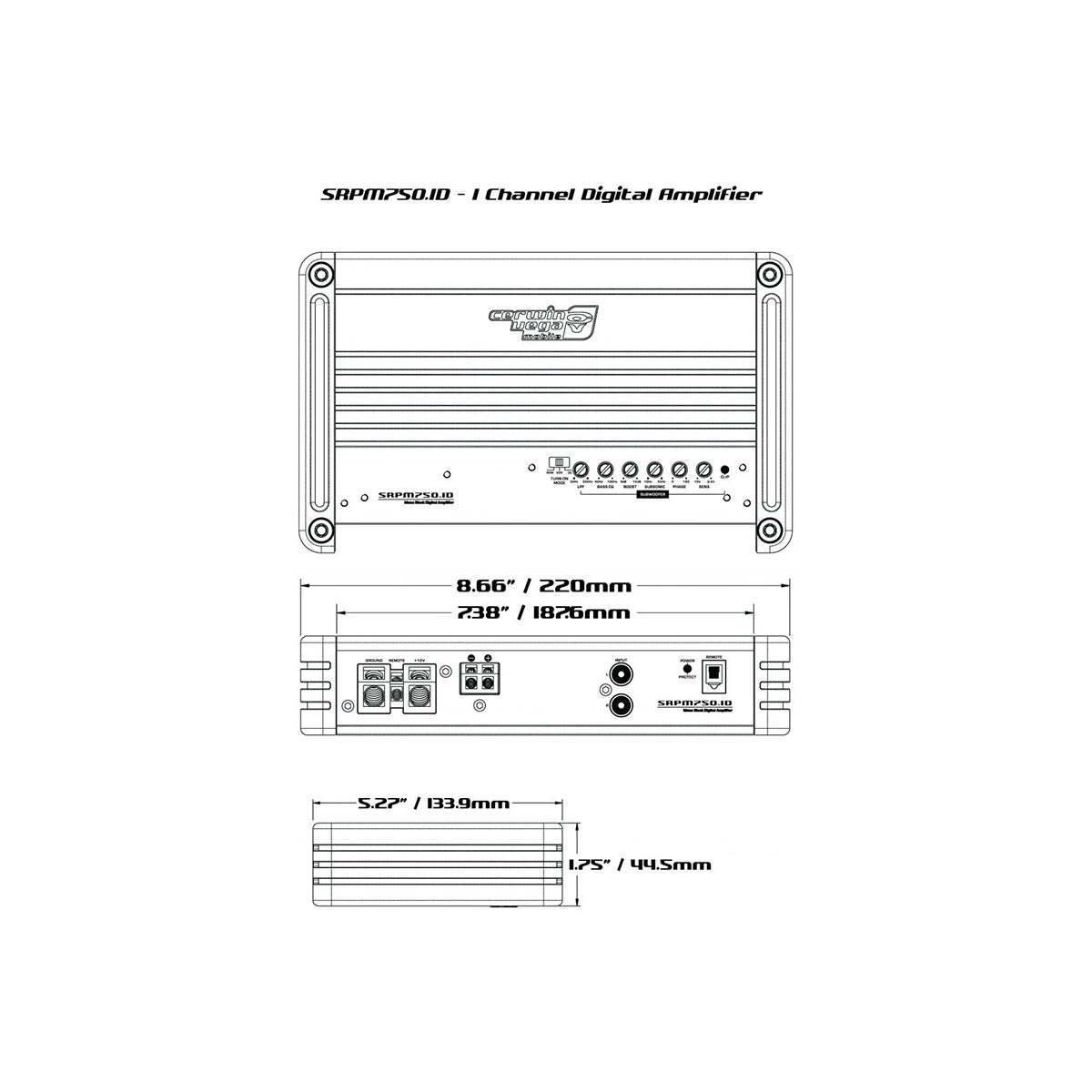 Diagram of the SRPM Stroker Class-D Mono Digital Amplifier (SRPM750.1D) showcases front/rear panel layouts, input/output ports, and buttons. Dimensions are width 8.66", height 1.75", depth 5.27"; highlighted dimension is 7.36".