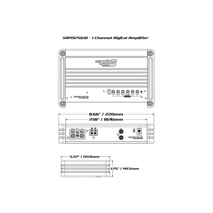 Diagram of the SRPM Stroker Class-D Mono Digital Amplifier (SRPM750.1D) showcases front/rear panel layouts, input/output ports, and buttons. Dimensions are width 8.66", height 1.75", depth 5.27"; highlighted dimension is 7.36".