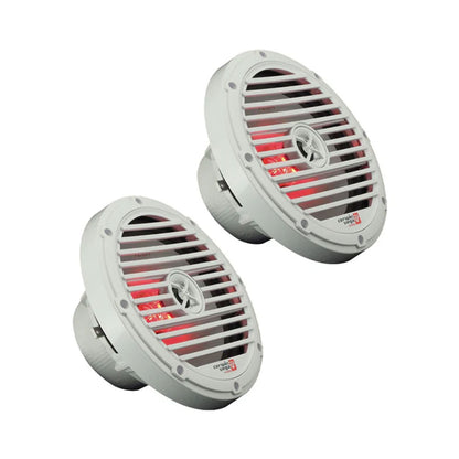 The RPM Vega 8" VM8 2-Way Coaxial Marine Speakers feature white protective grilles, central tweeters, and an open slat design that reveals RGB LED lighting. "Wet Sounds" is branded on each speaker against a plain white background for a vibrant touch.