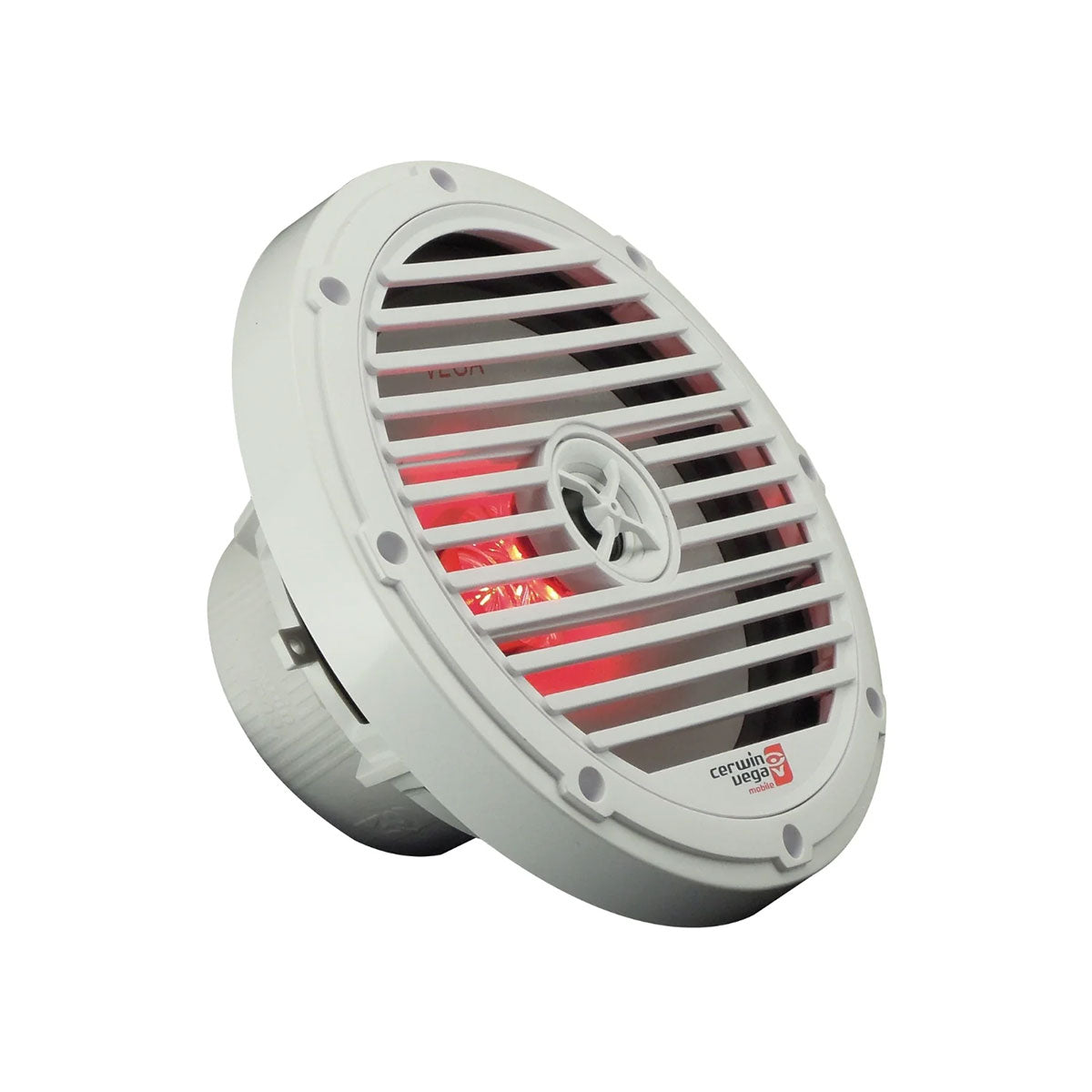 The RPM Vega Marine Speakers feature a white round design with horizontal slats, a small central logo, and a protective grille. Built-in red LED light and water resistance make it ideal for modern, durable use in outdoor or marine settings.