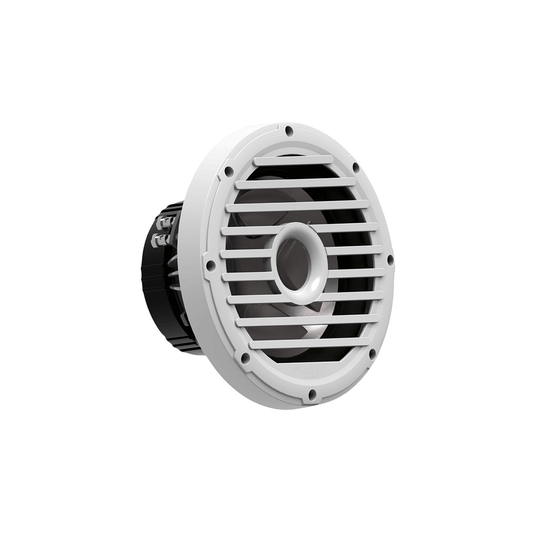 The RPM Series 10" SVC Marine Subwoofer RPM104FA features a water-resistant white grill design that ensures clear sound output, while the visible tweeter enhances precision. Its black magnet and rear connection terminals ensure it complements any boat's sleek design, ideal for outdoor applications.