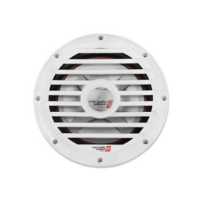 The RPM104SL is a white circular marine subwoofer with a grated front featuring the Cerwin Vega logo. Designed for marine use, it includes RGB LED lighting, offering vibrancy and appearing sturdy and weather-resistant, displayed against a plain white background.