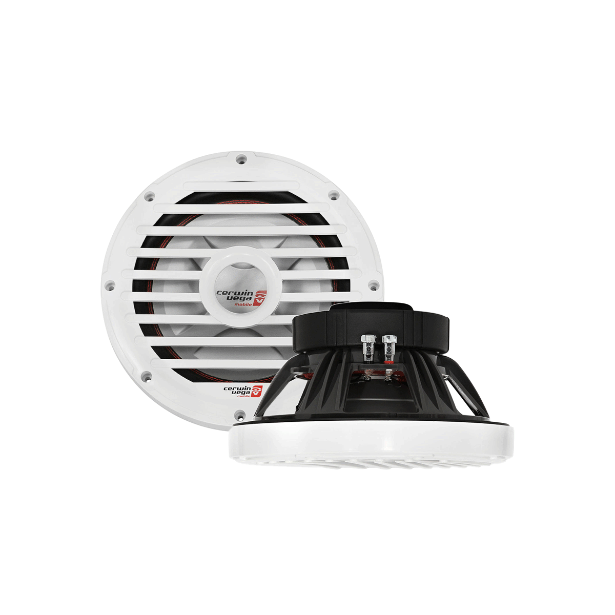 A white RPM Series Marine Subwoofer with protective grills. The front shows "Cerwin Vega" branding, and the back is angled to reveal black and red components and terminals. It features a sleek, modern design ideal for marine environments.