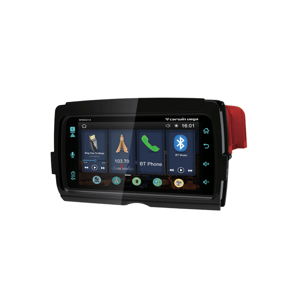 The 2014-2023 Harley Davidson® Plug N-Play Media Receiver - RPMHD14 is a chic black interface ideal for Harley enthusiasts. It boasts a glossy touchscreen with navigation, radio at 103.7, phone options, and Bluetooth connectivity in one elegant package.