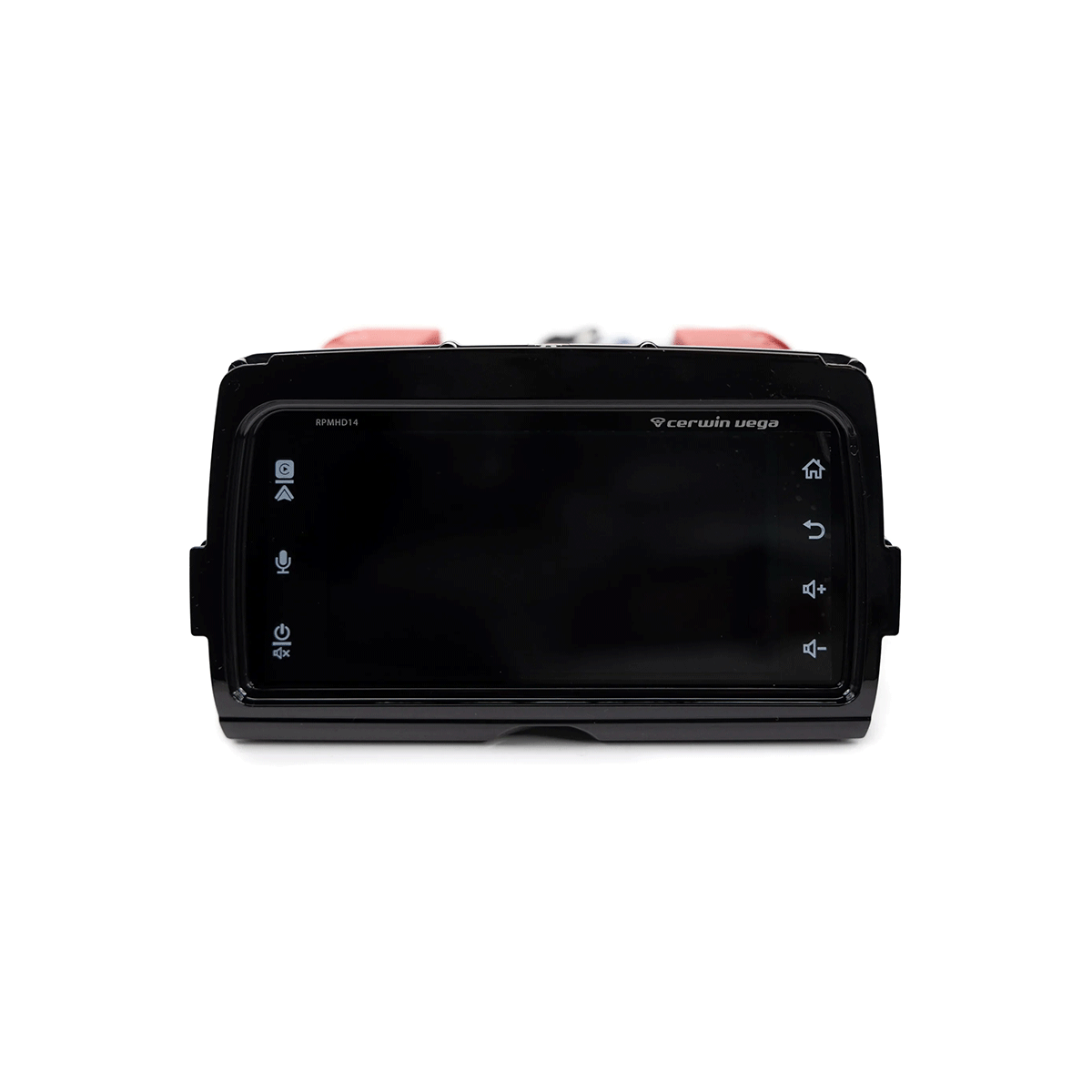 The displayed product is a sleek black-framed Cerwin Vega RPMHD14 Plug N-Play Media Receiver for 2014-2023 Harley Davidson. Perfect for riders, it features a touchscreen with home, mic, and settings buttons on the left and power symbol on the right to enhance any ride.