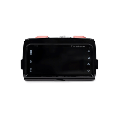 The displayed product is a sleek black-framed Cerwin Vega RPMHD14 Plug N-Play Media Receiver for 2014-2023 Harley Davidson. Perfect for riders, it features a touchscreen with home, mic, and settings buttons on the left and power symbol on the right to enhance any ride.