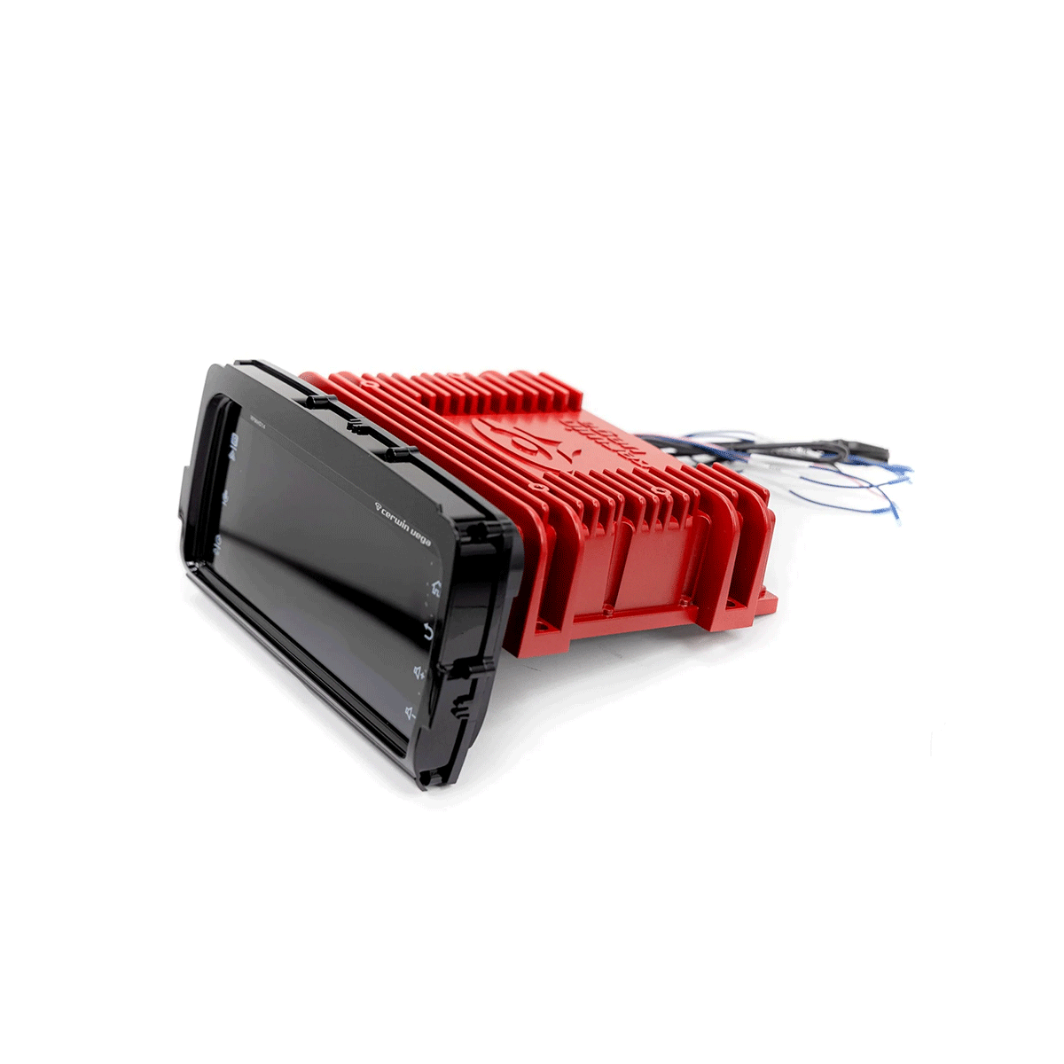 A sleek black 2014-2023 Harley Davidson® Plug N-Play Media Receiver (RPMHD14) connects to a vibrant red finned cooling unit. Blue and black cables reveal connectivity features in this angled setup, isolated on a white background.