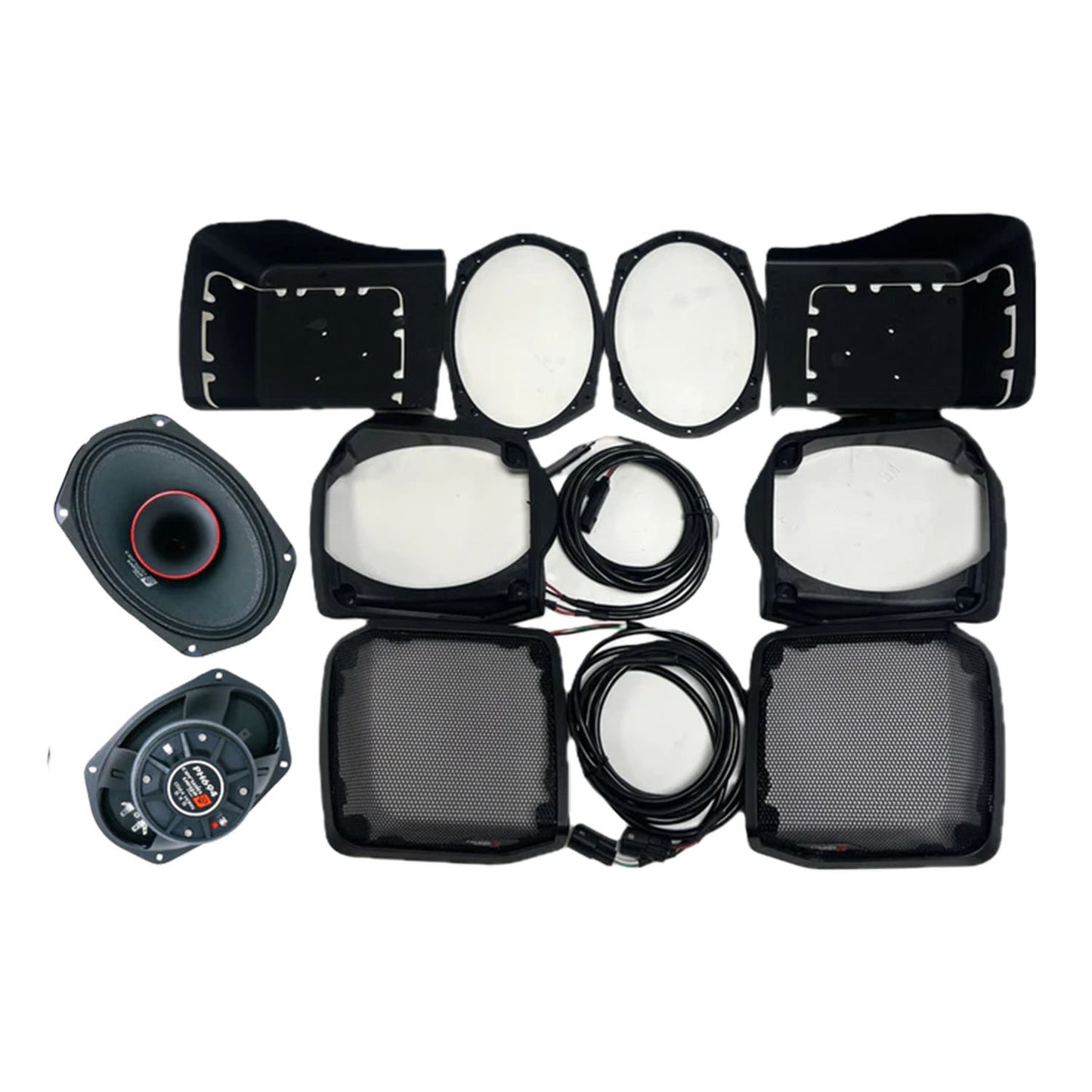 Components from the Cerwin Vega 1998-2013 Harley Davidson® Cut In Lid Kit with PH694 (4Ω) - RPMPH694LK13 are symmetrically arranged on a white background, featuring two PH694 speakers in silver and black, wiring coils, protective mesh grilles, black frames, and oval mounts.