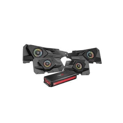 The 2014+ RZR XP Complete Audio Kit (RPMRZRKD41) features four black 2-way coaxial speakers with cooling fans and a compact rectangular waterproof amplifier. It boasts red accents and multiple connection ports, merging style with advanced audio technology.