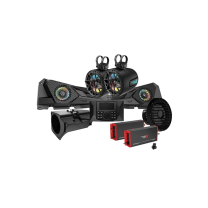 The Polaris RZR Audio Kits feature a multi-component audio system with two large rectangular speakers adorned with colorful LED lights and grills, three cylindrical top speakers, two red amplifiers, a round speaker cover, and a small remote control against a white background.