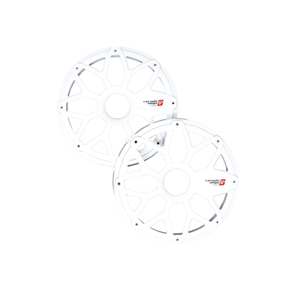 A pair of RPM Stroker 8" Flush Mount Speaker Grills, in steel with powder coating, showcases a geometric starburst spoke pattern and features a small red and black "Cruzeiro CAR" logo, enhancing the clean, modern design against the plain white backdrop.