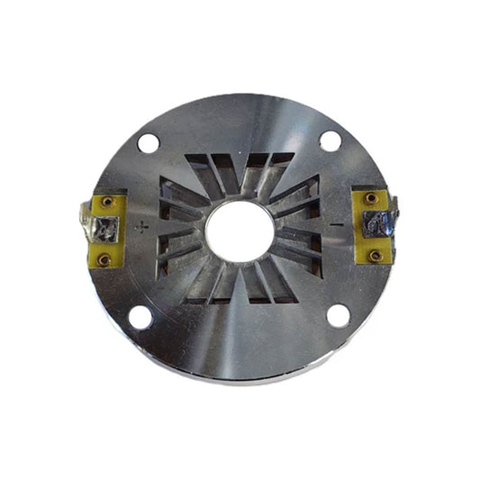 The Replacement Tweeter Diaphragm for P75T - PRD75 is a circular metal component with a central hole, four triangular cutouts around it, two small rectangular yellow holders with metal connections on opposite sides, ideal for CERWIN-VEGA MOBILE setups, and four evenly spaced outer edge holes.