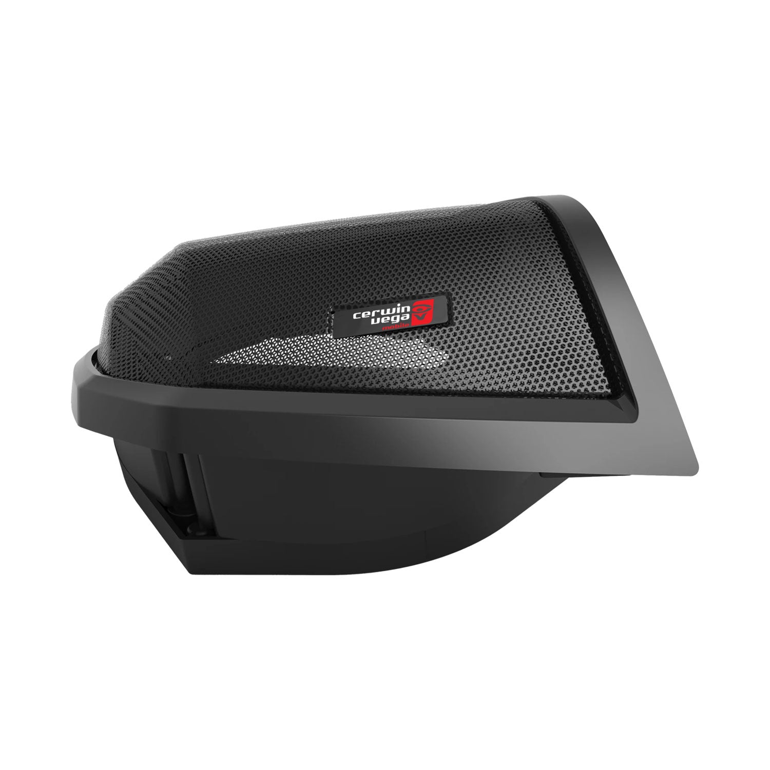 The 2024+ Harley Davidson® Cut-In Lid Kit with PH694 Speakers (4Ω) boasts a modern, angular design in black. Featuring a perforated grille and the iconic red and white Cerwin Vega logo, this 6x9 horn speaker delivers impressive audio quality, enhanced by its sleek finish on a white backdrop.