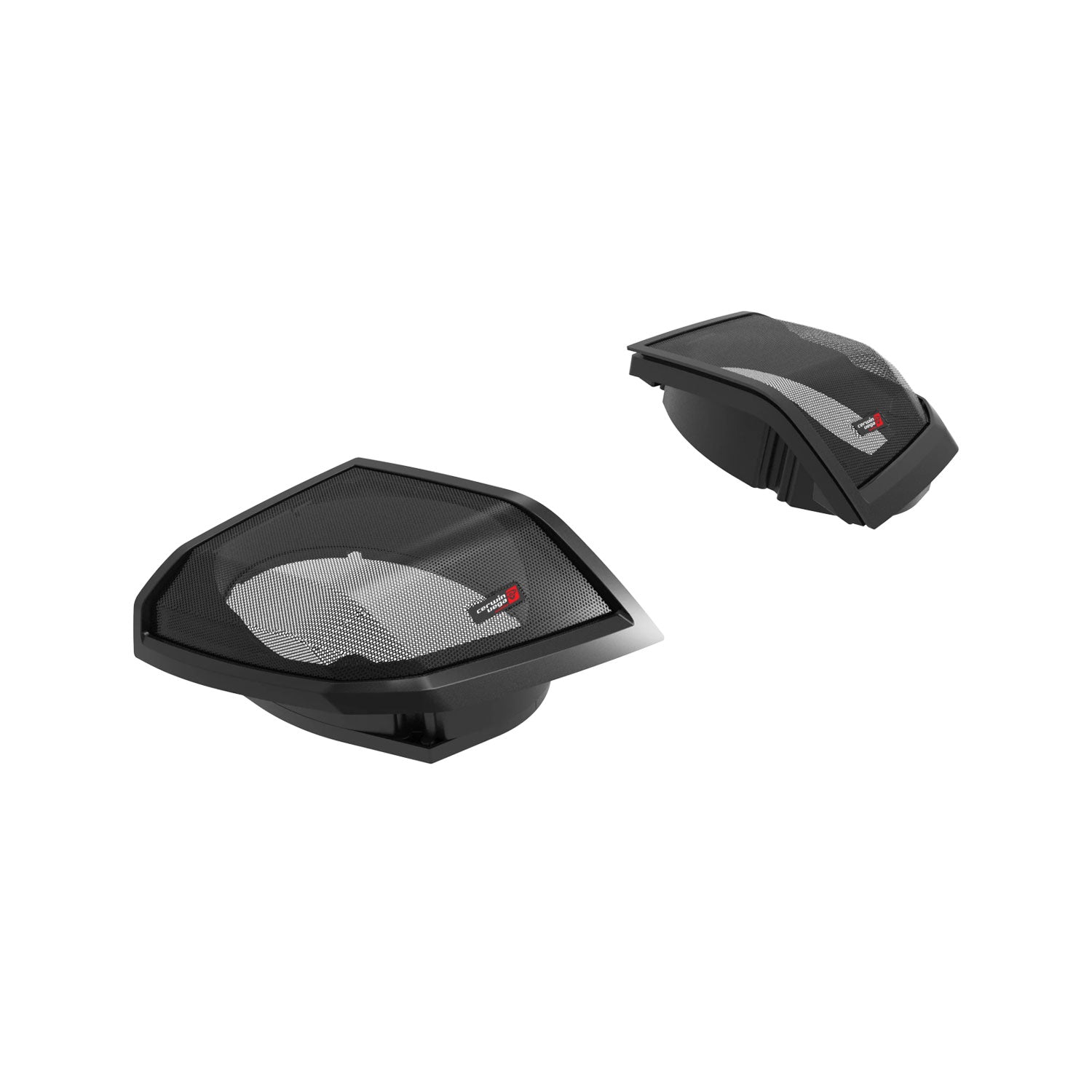 Two black and gray Harley Davidson® Cut-In Lid Kits with SM69F4 (4Ω) Speakers, RPMSM694LK24, are displayed against a white background. Featuring a red and white logo, both boast an aerodynamic design with textured, durable material reminiscent of sleek saddle bags.