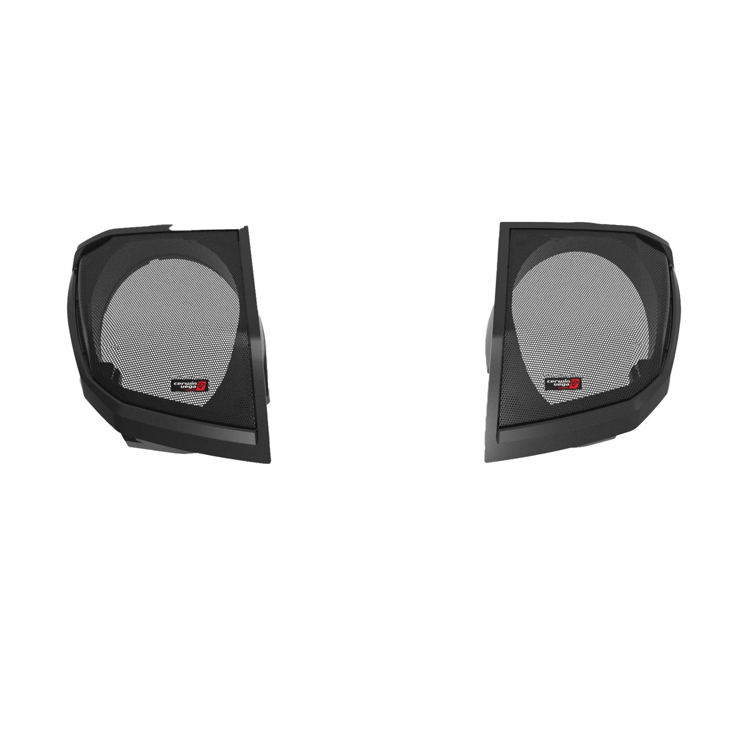 Two Harley Davidson black 6x9 horn speakers with mesh covering and a red-black logo are perfectly aligned on a white background, highlighting the left and right parts of the 2024+ Cut-In Lid Kit with PH694 (4Ω) Speakers for car or Harley audio upgrades.