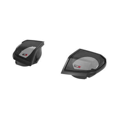 Two black 6x9 horn speakers with gray mesh covers, featuring a small red and black logo, showcase an angled, modern design for an audio upgrade. One faces left and the other right on a white background. These are the Harley Davidson® 2024+ Cut-In Lid Kit with PH694 (4Ω) Speakers - RPMPH694LK24.