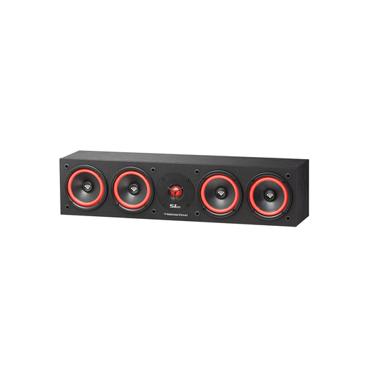 The SL-45C from the Cerwin-Vega SL Series is a black rectangular center channel speaker featuring four circular drivers with red rings and silver centers, spaced evenly with a logo and "SL" marking between the second and third drivers, perfect for home audio.