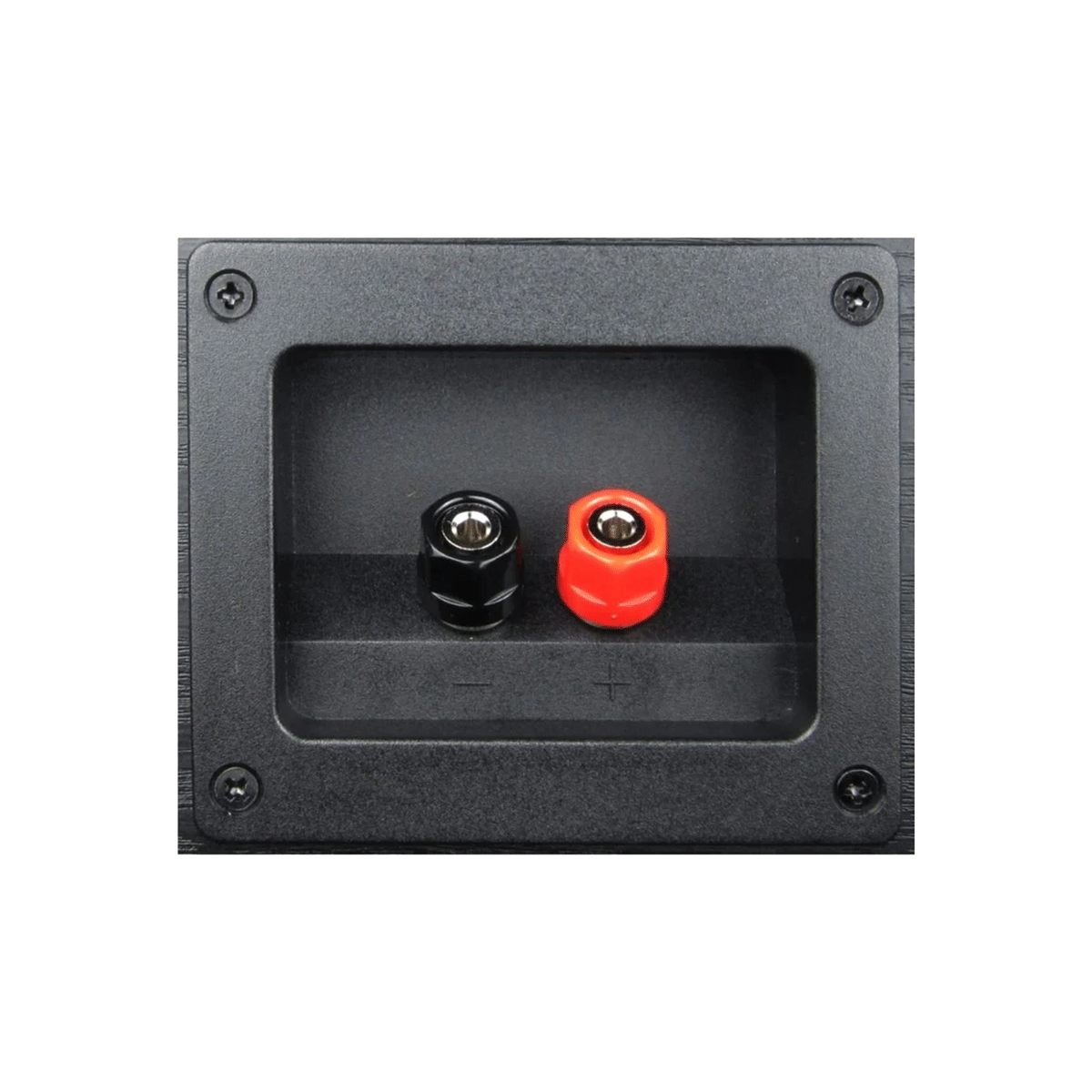 Close-up of a Cerwin-Vega SL Series Quad 5.25" 2-Way Center Channel Speaker - SL-45C black terminal with two binding posts, red and black for connections, inside a rectangular frame secured by four corner screws, perfect for home audio speakers.