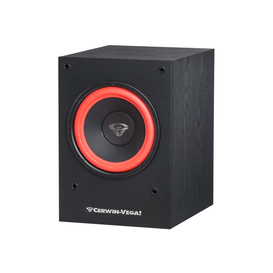 Dive into an audiophile’s paradise with the black Cerwin-Vega SL-10S subwoofer. Featuring a red-ringed woofer, central brand logo, wood grain finish, and secure design, it exudes quality and style.