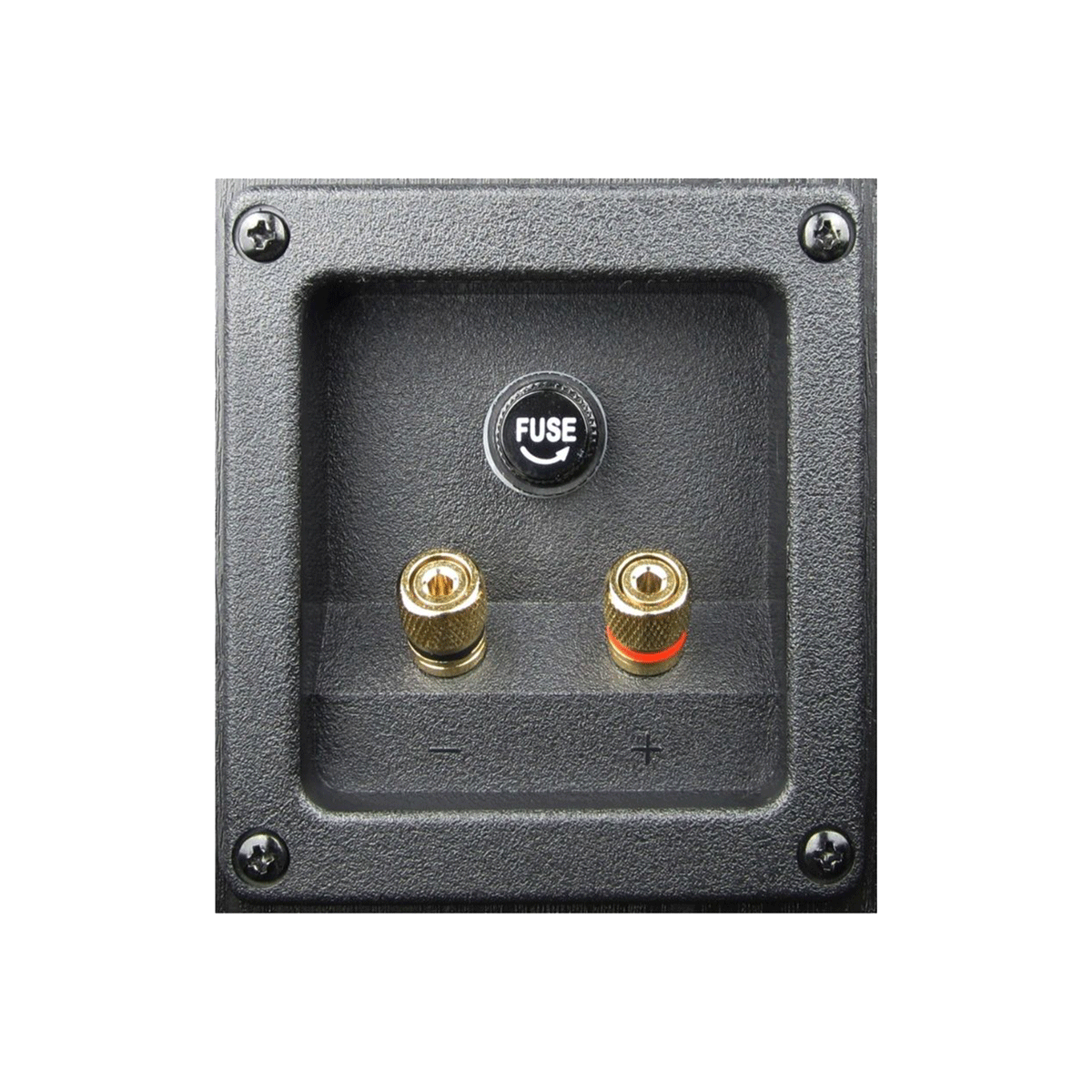 The SL-15 showcases excellence in home audio, featuring a close-up of its black connection panel with a central "FUSE" holder and two gold-plated binding posts. The right post has a red ring for positive polarity, all secured within the square panel by corner screws.