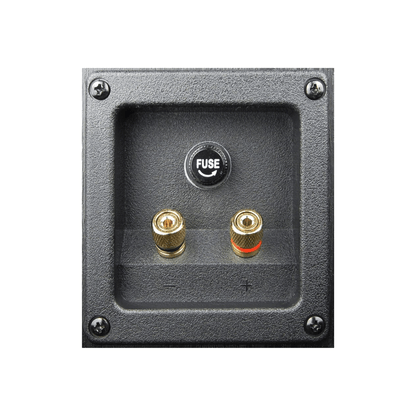 The SL-15 showcases excellence in home audio, featuring a close-up of its black connection panel with a central "FUSE" holder and two gold-plated binding posts. The right post has a red ring for positive polarity, all secured within the square panel by corner screws.