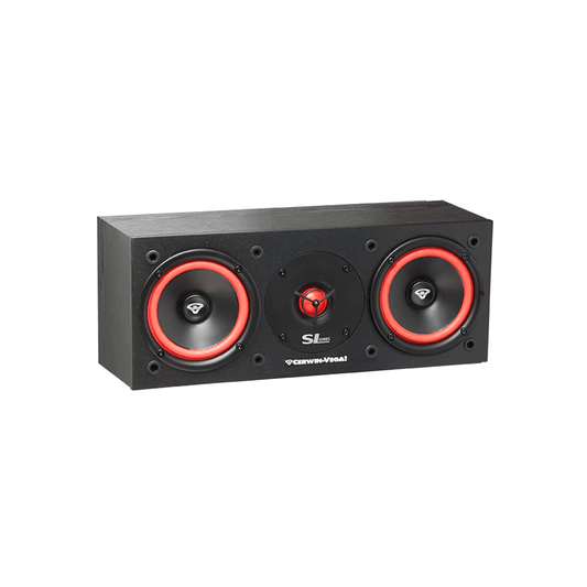 The SL Series Dual 5.25" 2-Way Center Channel Speaker (SL-25C) has a rectangular black design with two circular drivers featuring red rings, a central driver with a red accent, and "CERWIN-VEGA!" on the front panel. It’s ideal for home audio enthusiasts and has a wood grain texture.