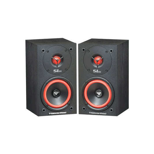 The SL Series 5.25" 2-Way Home Theatre Speakers (Pair) - SL-5M are black bookshelf speakers with red woofers and circular tweeters, ideal for home theatre enthusiasts. The left speaker displays the "SL Series" logo, while both showcase "Cerwin-Vega!" branding, embodying modern innovation.