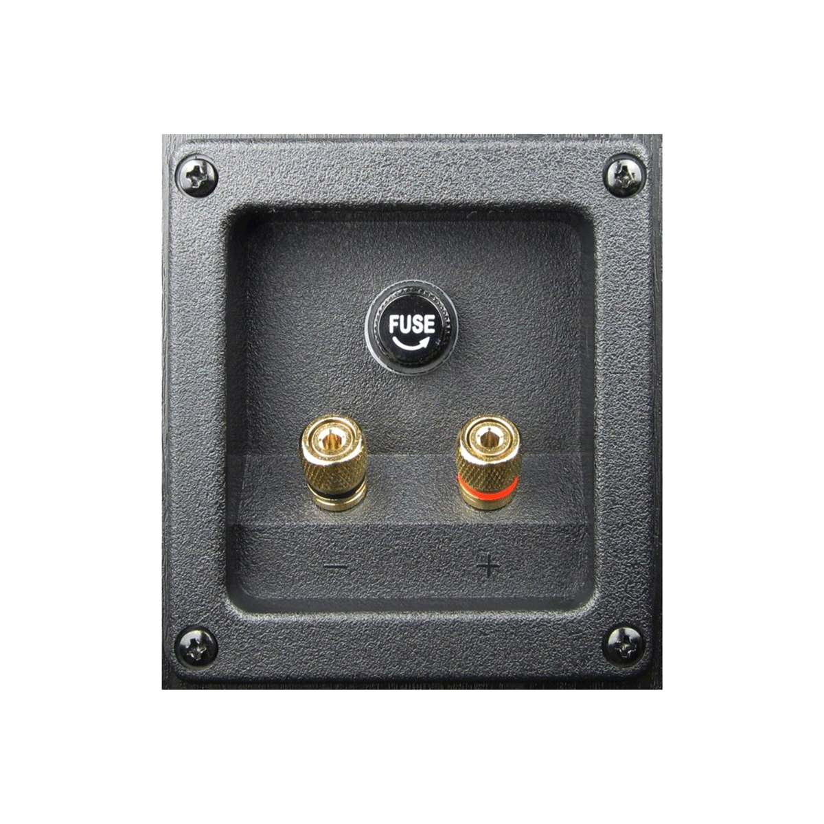 Close-up of the SL Series Dual 8" 2-Way Floor Speaker (SL-28) black terminal panel features a top-center "FUSE" holder, and below, two gold terminals: left with a black ring for negative and right with a red ring for positive connections—perfect for home audio enthusiasts.