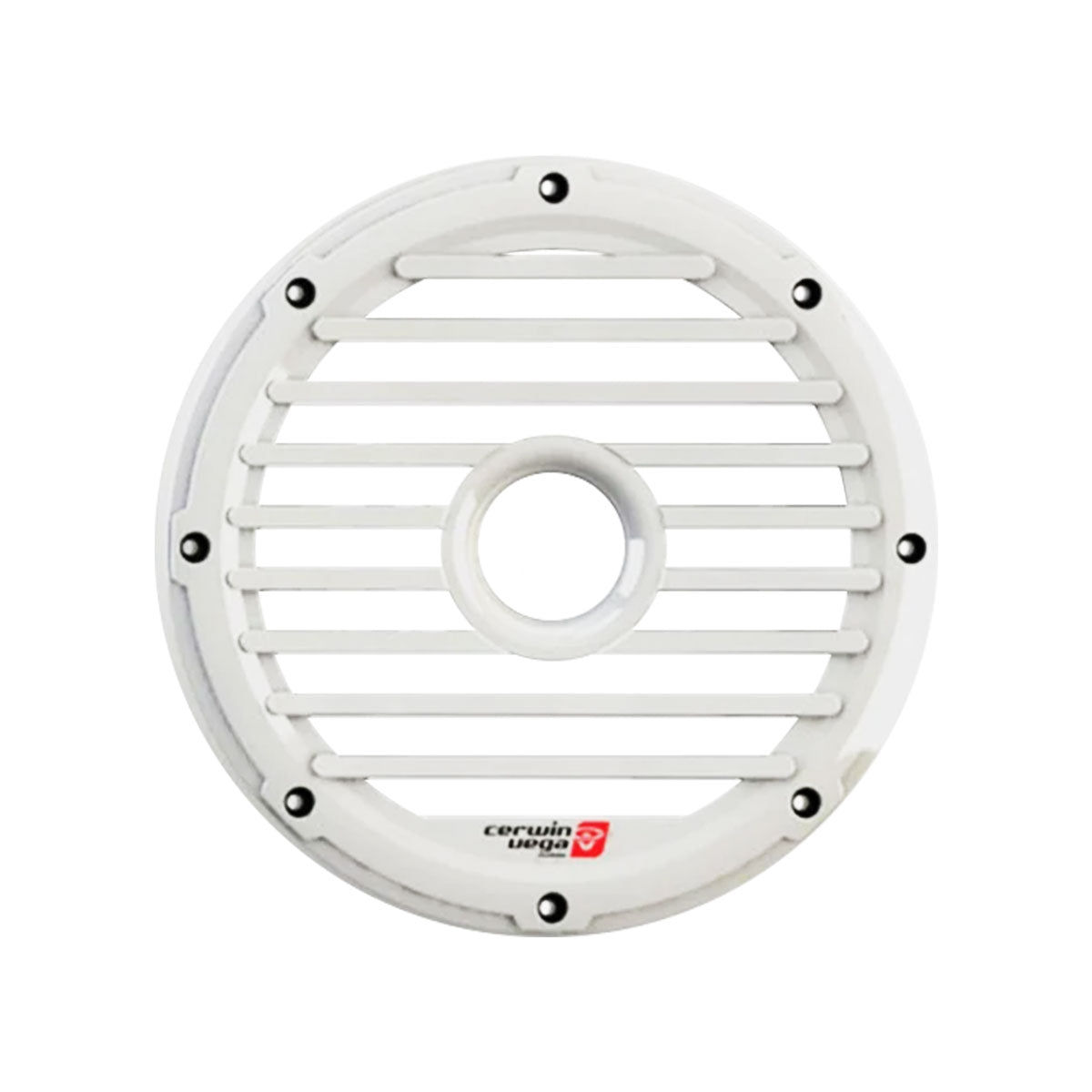 The 5.25" RPM Marine Grade Compliant Speaker Grill (White) - SMG52WHT features a white circular design with horizontal slats, eight black screws on the edges, and a central opening. The Cerwin-Vega logo in red and black is at the bottom against a plain white background.