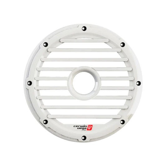 The Cerwin Vega 6.5" RPM Certified Marine Grade Compliant Speaker Grill (SMG65WHT) in white features horizontal slats and a central hole, secured with black screws around the rim. The brand logo and name appear in red and black at the bottom.