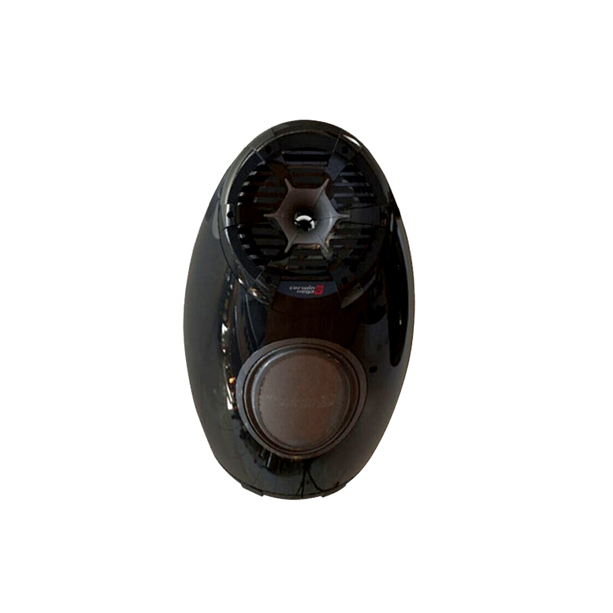 The 6.5" STROKER PRO RPM Dual 400W Marine Tower Kit (Black) by Cerwin Vega features a sleek, oval wall-mounted design with a circular air vent and an integrated on/off button. The radial vent displays visible internal circuitry enhanced by subtle RGB LED lighting for a modern look.