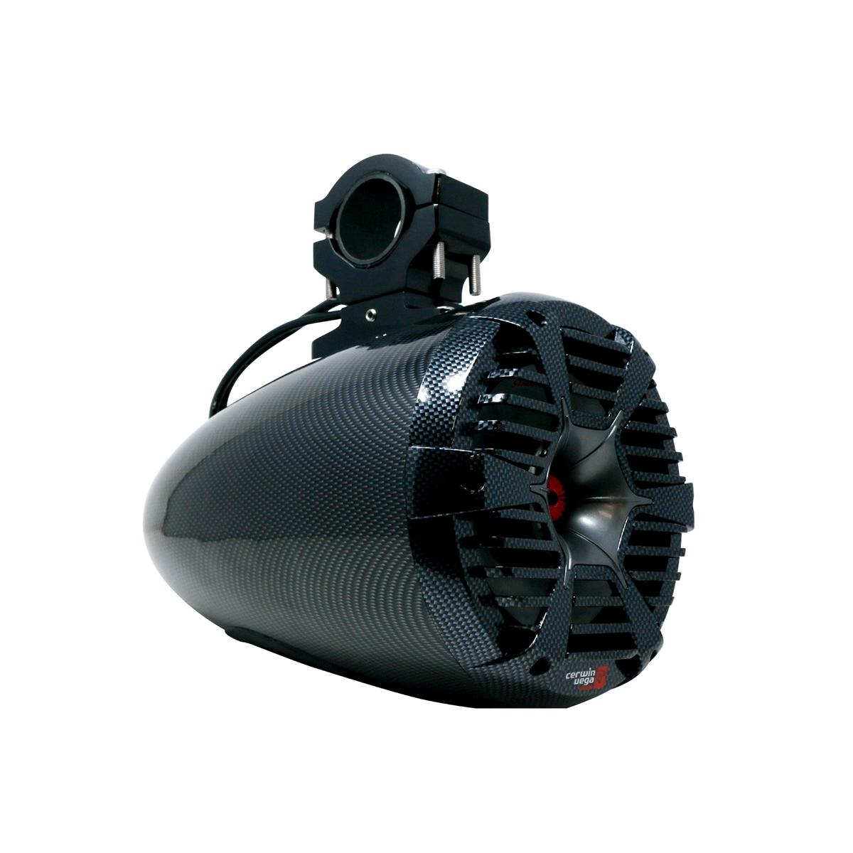 The Cerwin Vega 6.5" STROKER PRO RPM Marine Tower Speaker (SPMT65SCFB) features a black carbon fiber-patterned cylinder with a circular grille, central red component, RGB LED lighting, and waterproofing for outdoor use.