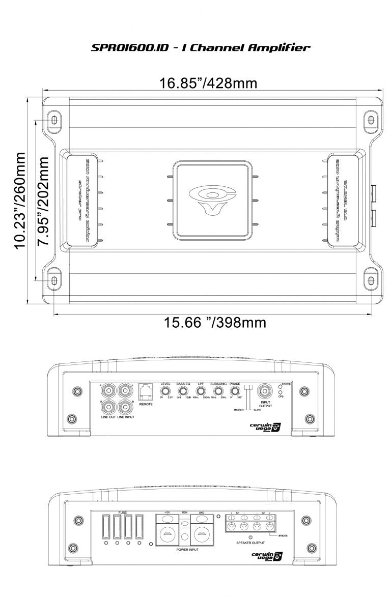 The technical drawing of the Stroker Pro 1600W RMS Class-D Mono Amplifier-SPRO1600.1D by Cerwin Vega is perfect for SPL enthusiasts. Top view dimensions: 16.85 x 10.23 inches; side view shows input ports and power input, with branding and measurement units for precise installation.