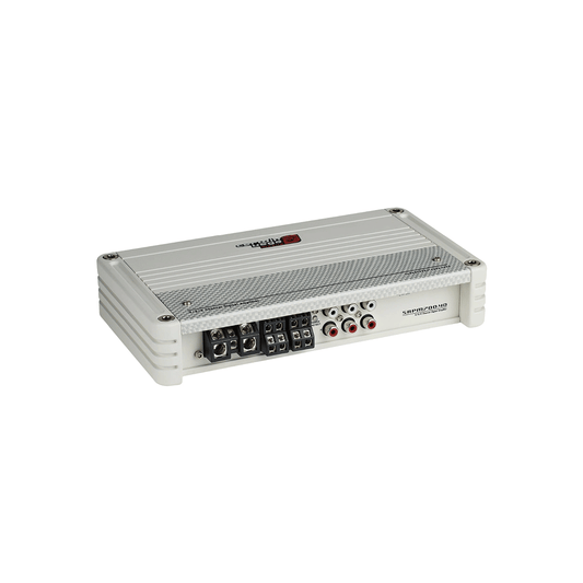 The SRPM Stroker 4 Channel Full Range Class-D Digital Amplifier (SRPM700.4DW) features a sleek rectangular white design with black and red text, multiple connectors and knobs on one side, a textured silver surface with rounded edges, ensuring superior vehicle audio performance.