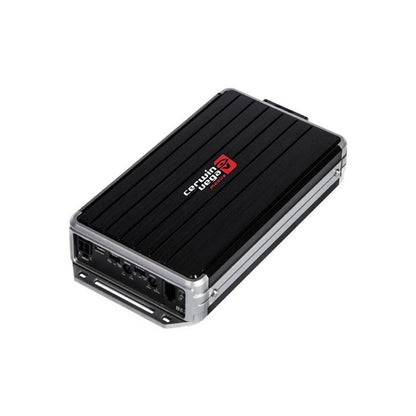 The Stealth Bomber Class-D 2 Channel Digital Amplifier-B52 features a black rectangular design like a Stealth Bomber, boasting a ribbed metal frame with silver edges. It displays the Cerwin-Vega Mobile logo in red and white on top, plus control knobs and input/output ports on the front panel.