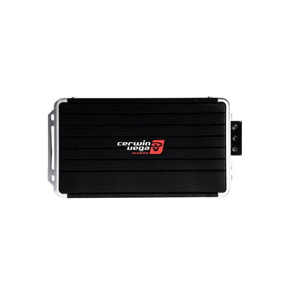 The black, rectangular Stealth Bomber Class-D 2 Channel Digital Amplifier-B52 by Cerwin-Vega Mobile showcases a ribbed surface and silver edges with a central logo. Its compact design includes side mounting brackets and right-side connection ports, all set against a white background.