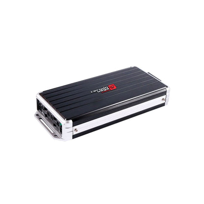 The Stealth Bomber Class-D 4 Channel Digital Amplifier-B54 by Cerwin Vega is a black, rectangular car audio amplifier with silver edges. Its top has a red and white logo with the brand name "Cerwin Vega." The sides feature multiple connection ports and audio adjustment switches.