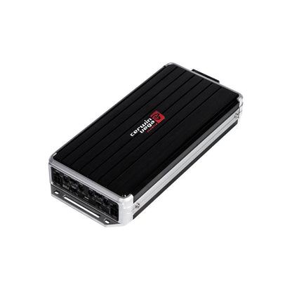 The Stealth Bomber Class-D 4 Channel Digital Amplifier-B54 by Cerwin Vega is a compact black audio amplifier with a sleek, ribbed design and silver edges. It features a red logo and "Cerwin Vega" text on top. Connectivity ports offer Class-D Digital input/output for your Cerwin-Vega Mobile system.